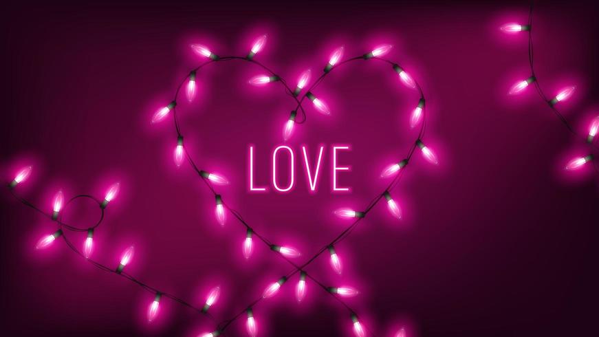 fairy lights in heart shape with neon love text vector