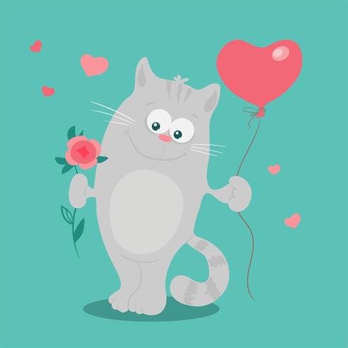 Gato de dibujos animados con una rosa y un globo para el día de San Valentín vector