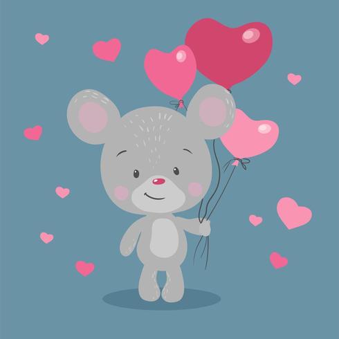 Cartoon mouse with heart shaped balloons vector