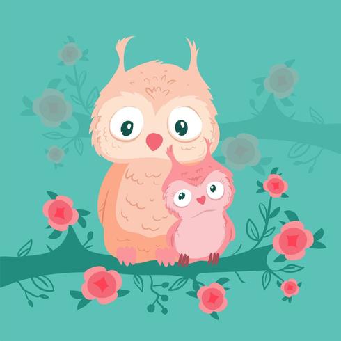 Cartoon owl mom and baby on a branch with roses  vector