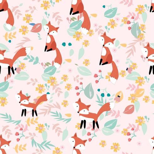 Cute fox in flower and leave seamless pattern vector