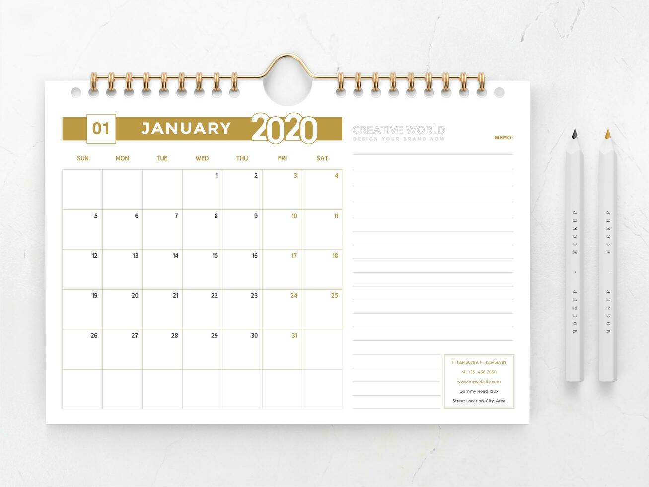 2020 gold and white calendar template vector