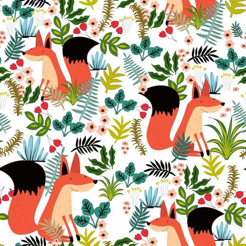 Cute fox and green leave seamless pattern vector