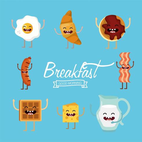 Set of cartoon breakfast foods vector