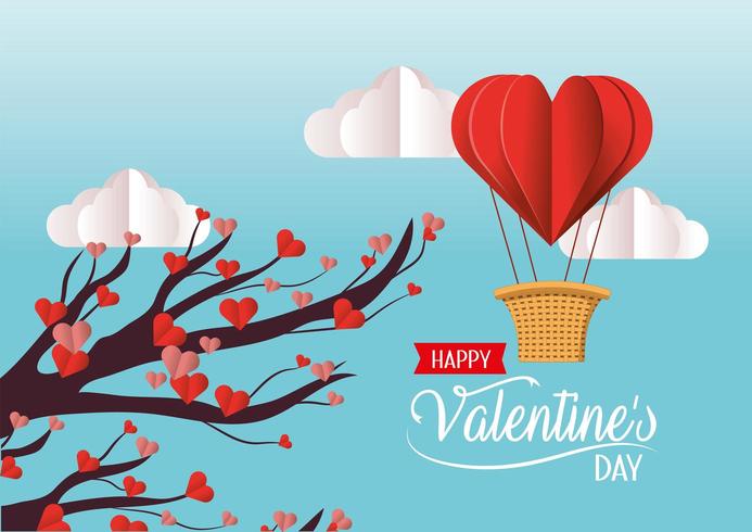 Tree with valentine hearts flowers and air balloon vector