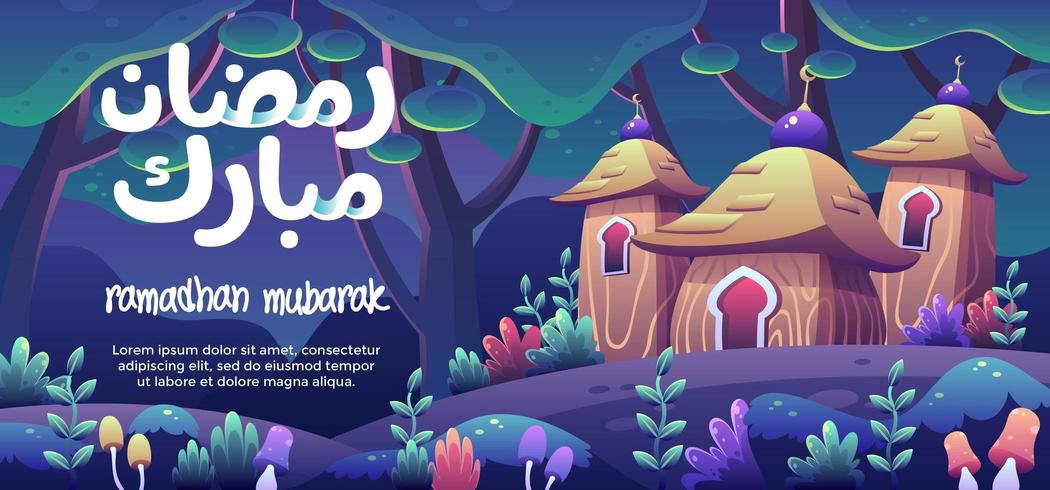 Ramadhan Mubarak con una linda mezquita de madera en un bosque de fantasía vector