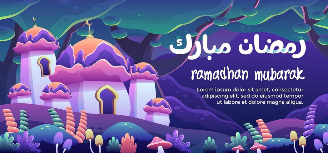 Ramadhan Mubarak con una mezquita de flores en un bosque de fantasía vector