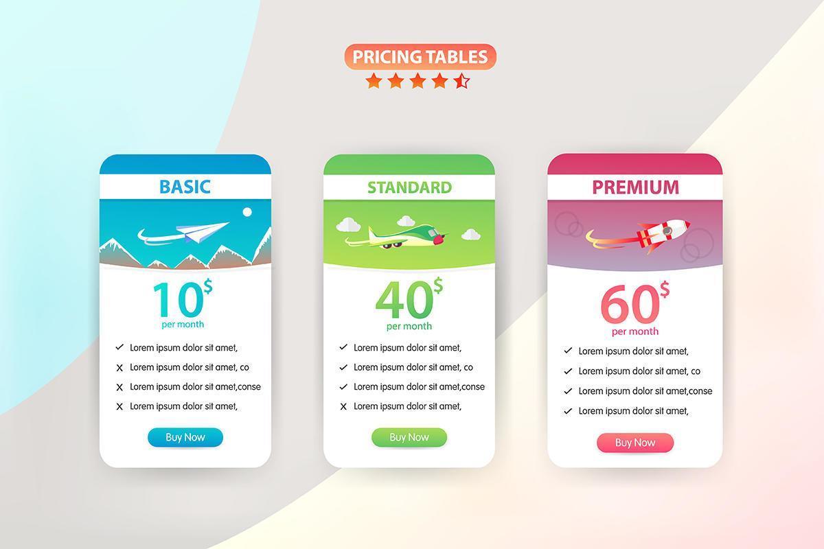 Pricing Table Set with 3 Different Planes  vector