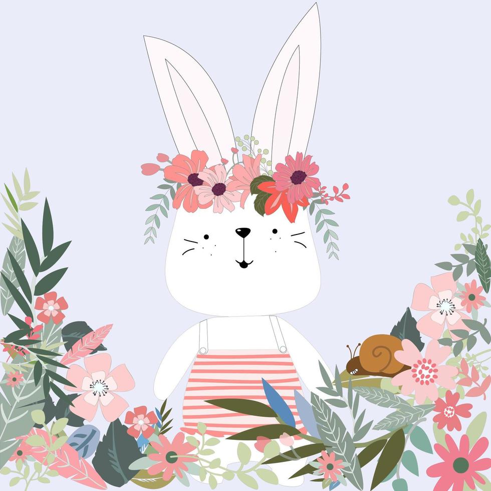 Cute rabbit bunny in flower garden cartoon vector