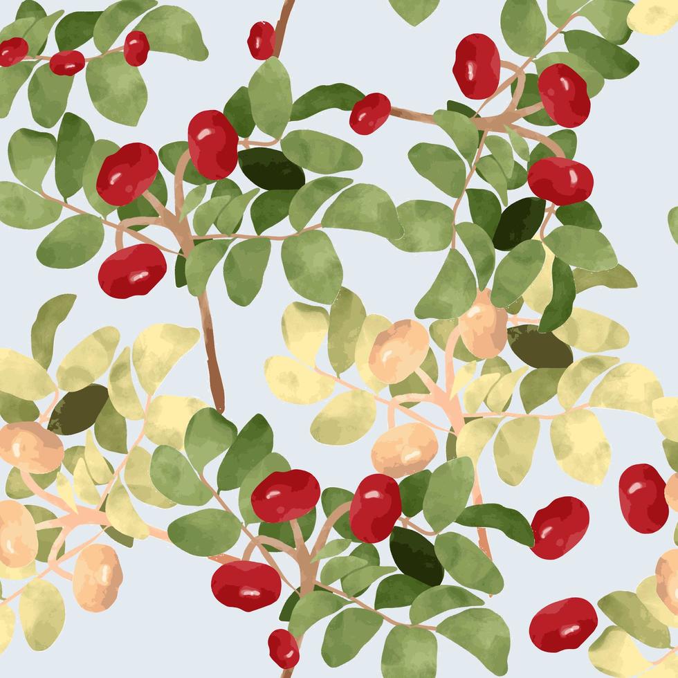 Greenery leaves and red cherry seamless pattern vector