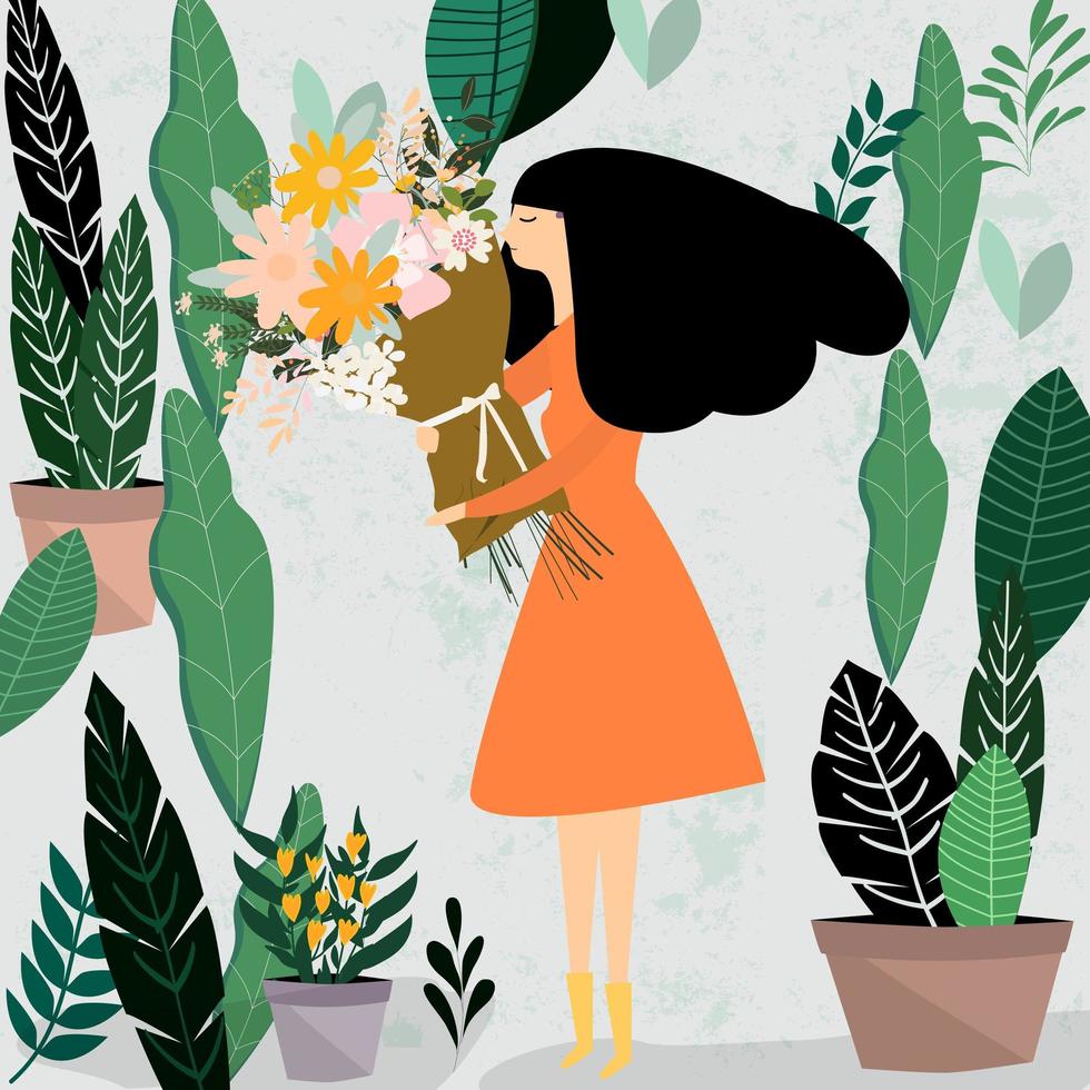 Mujer con ramo de flores vector