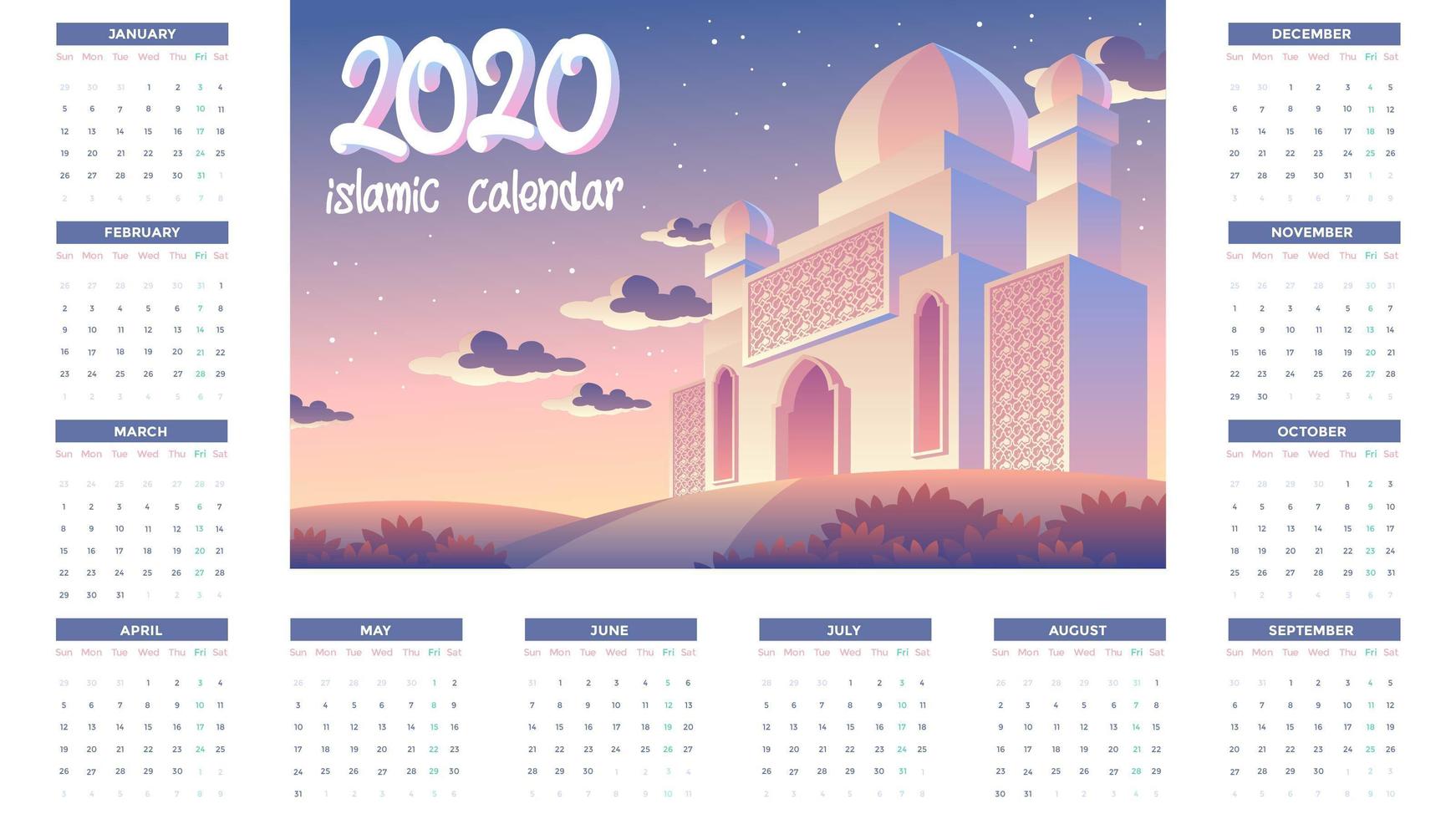 Calendario islámico 2020 con mezquita y puesta de sol en la noche vector