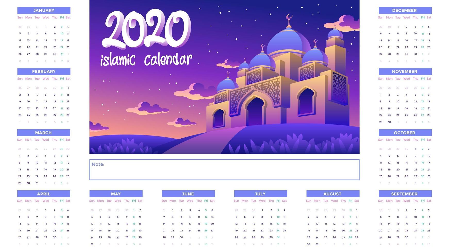 Calendario islámico 2020 con mezquita dorada en la noche vector