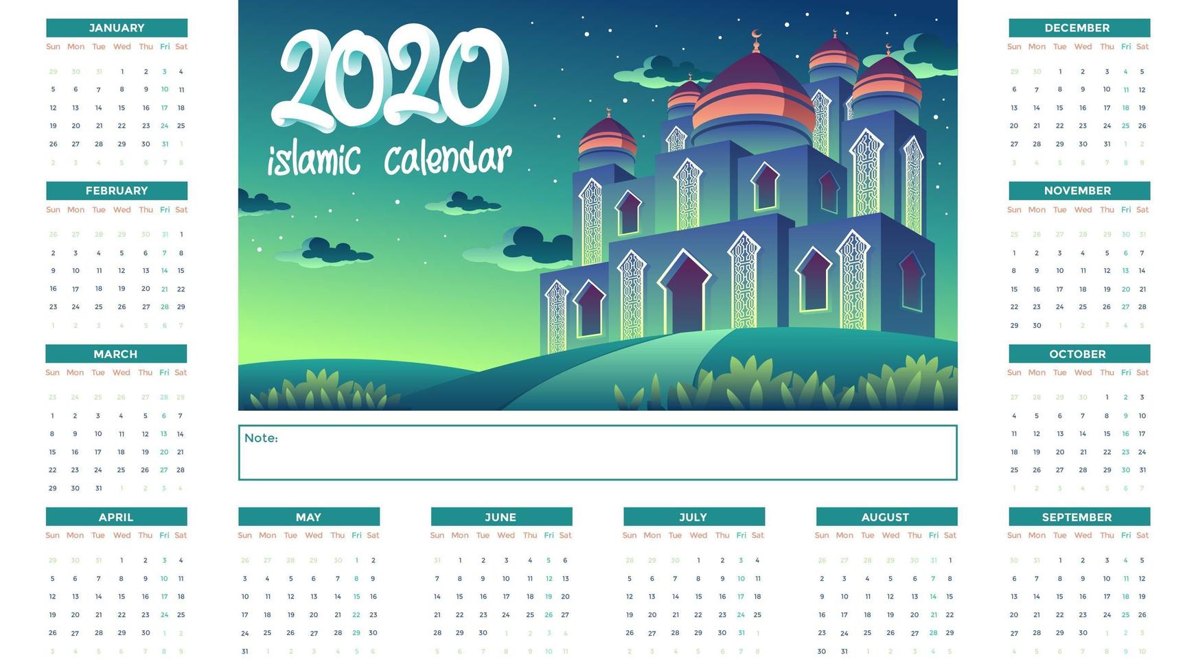 Calendario islámico 2020 con mezquita verde en la noche vector