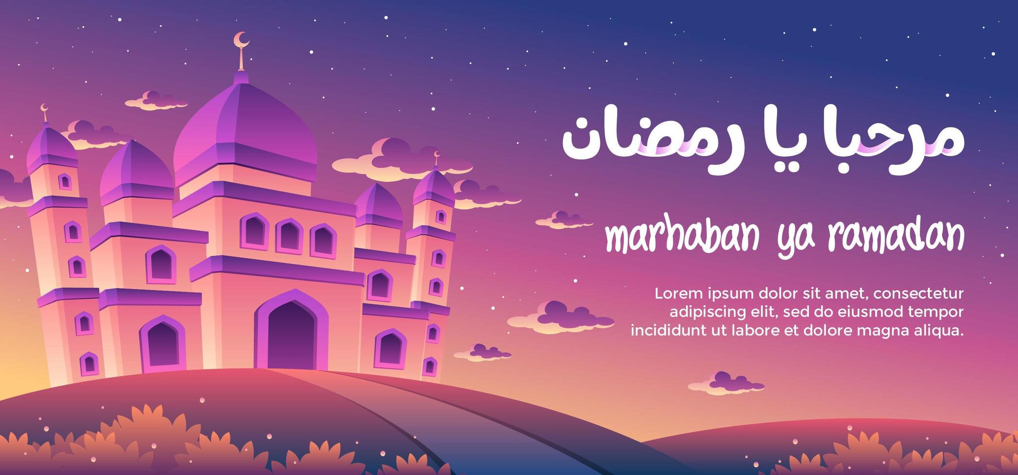 Marhaban Ya Ramadan con una magnífica mezquita al atardecer vector