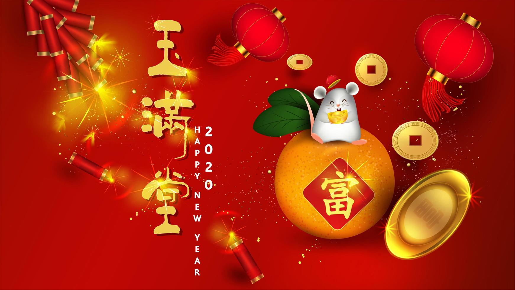 Chinese New Year Background with Rat sitting on Fruit vector