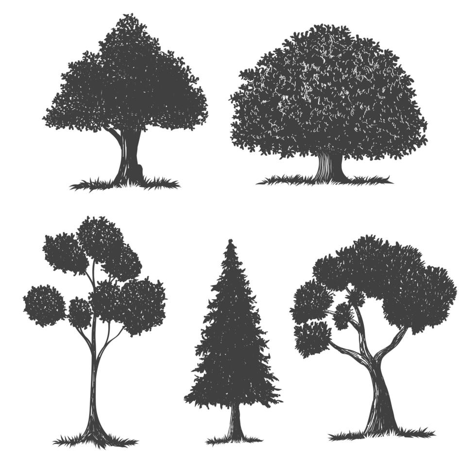 Conjunto de dibujo de silueta de árbol vector