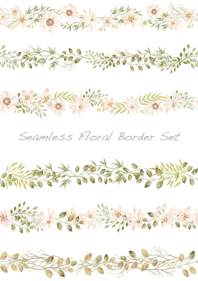 Conjunto de borde floral acuarela transparente. Repetible horizontalmente. vector