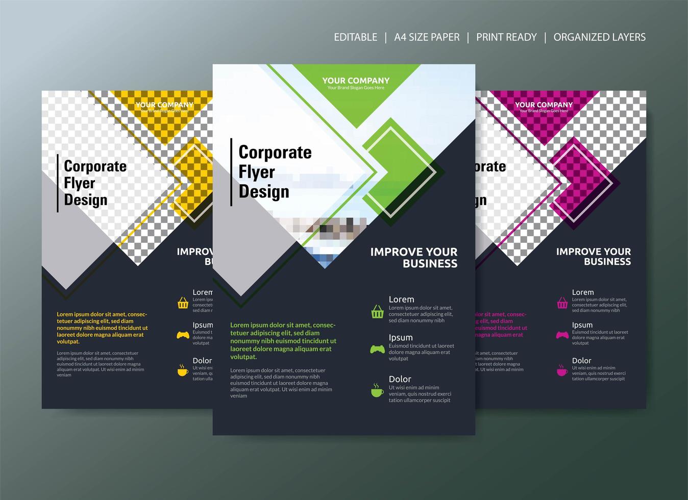 Corporate Flyer Template Design With 3 Color Choices And Geometric