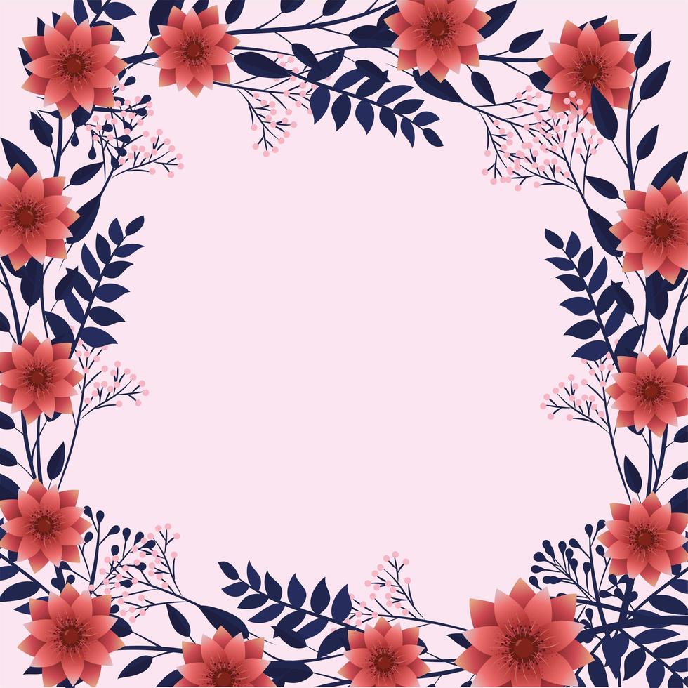 exotic flowers with cute leaves frame on pink background vector