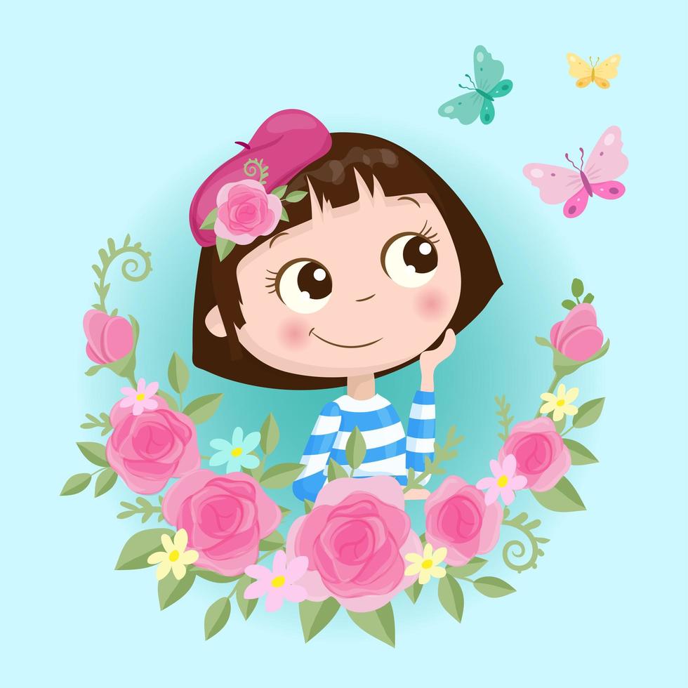 Chica de dibujos animados en una corona de flores rosas con mariposas vector