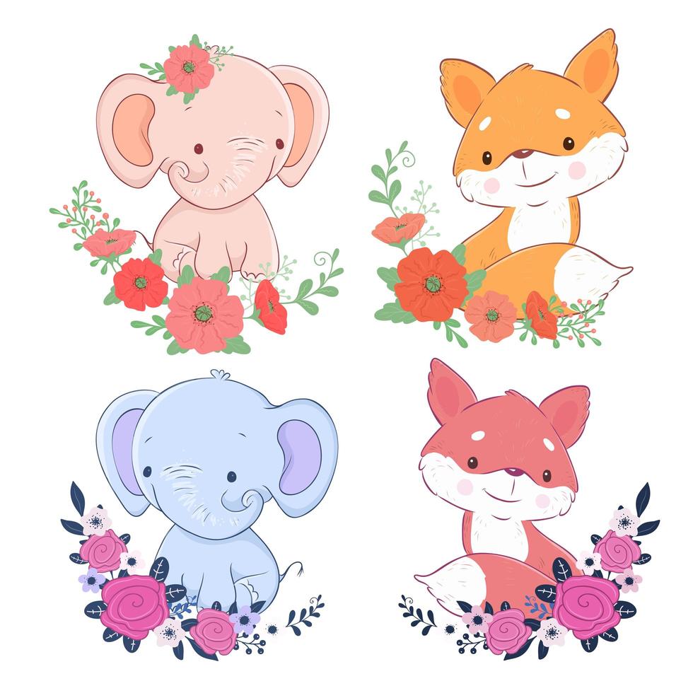 Conjunto de dibujos animados de elefante y zorro con flores. vector