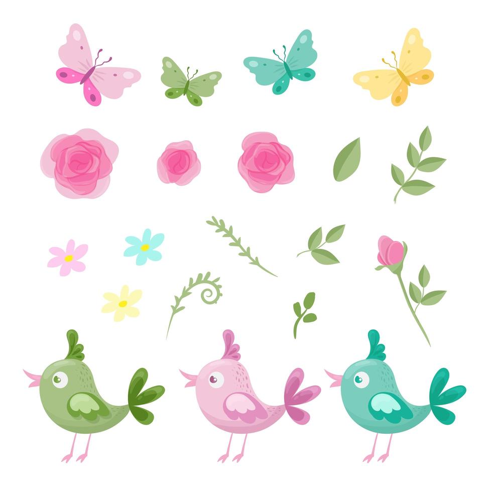 Conjunto de dibujos animados de flores de rosas, mariposas y pájaros vector