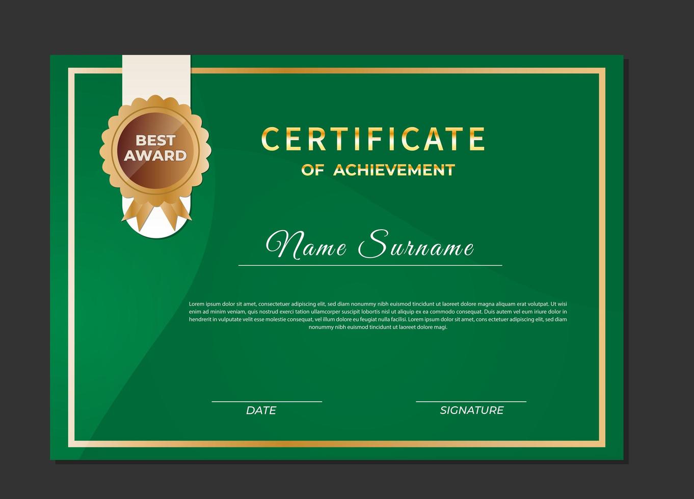 Certificate of achievement green color template vector