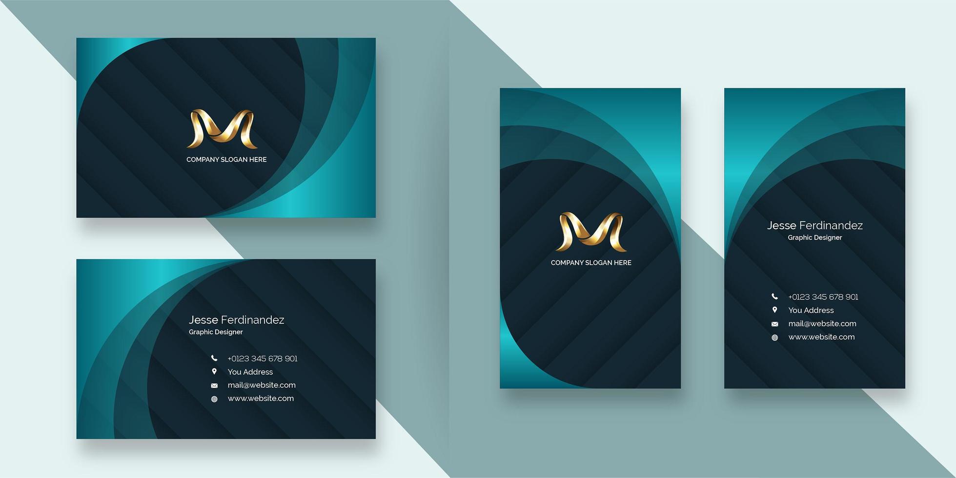 Abstract deep blue with greenish layer style business card template vector