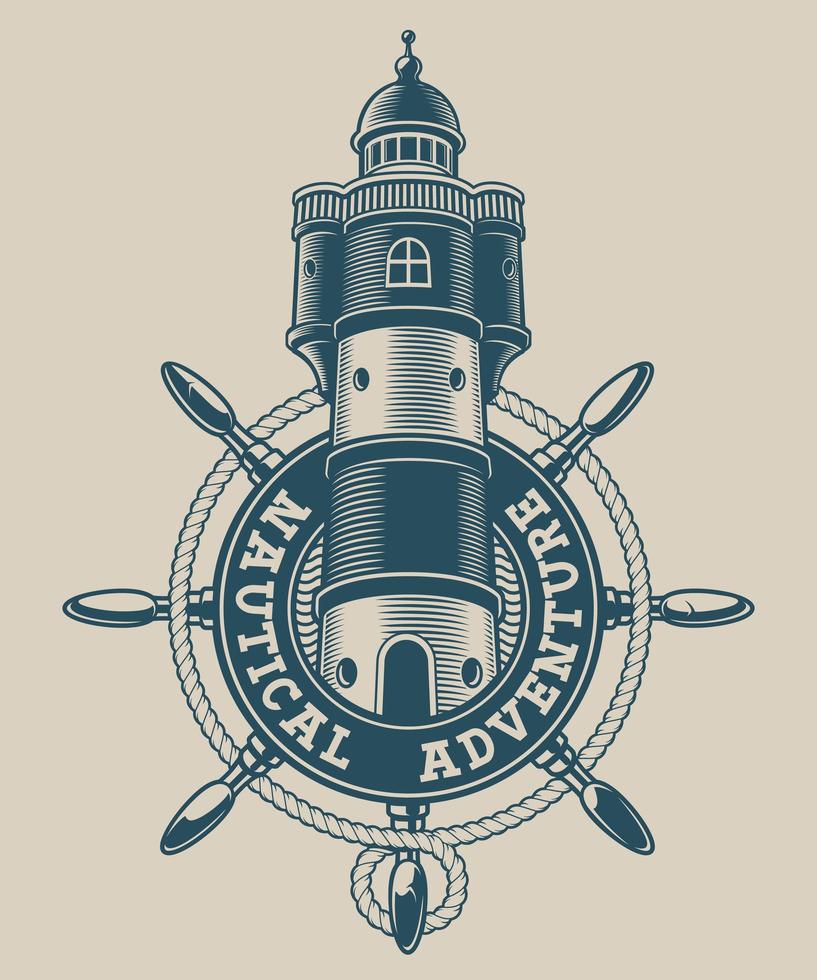 Vintage nautical emblem with a lighthouse in ship wheel vector