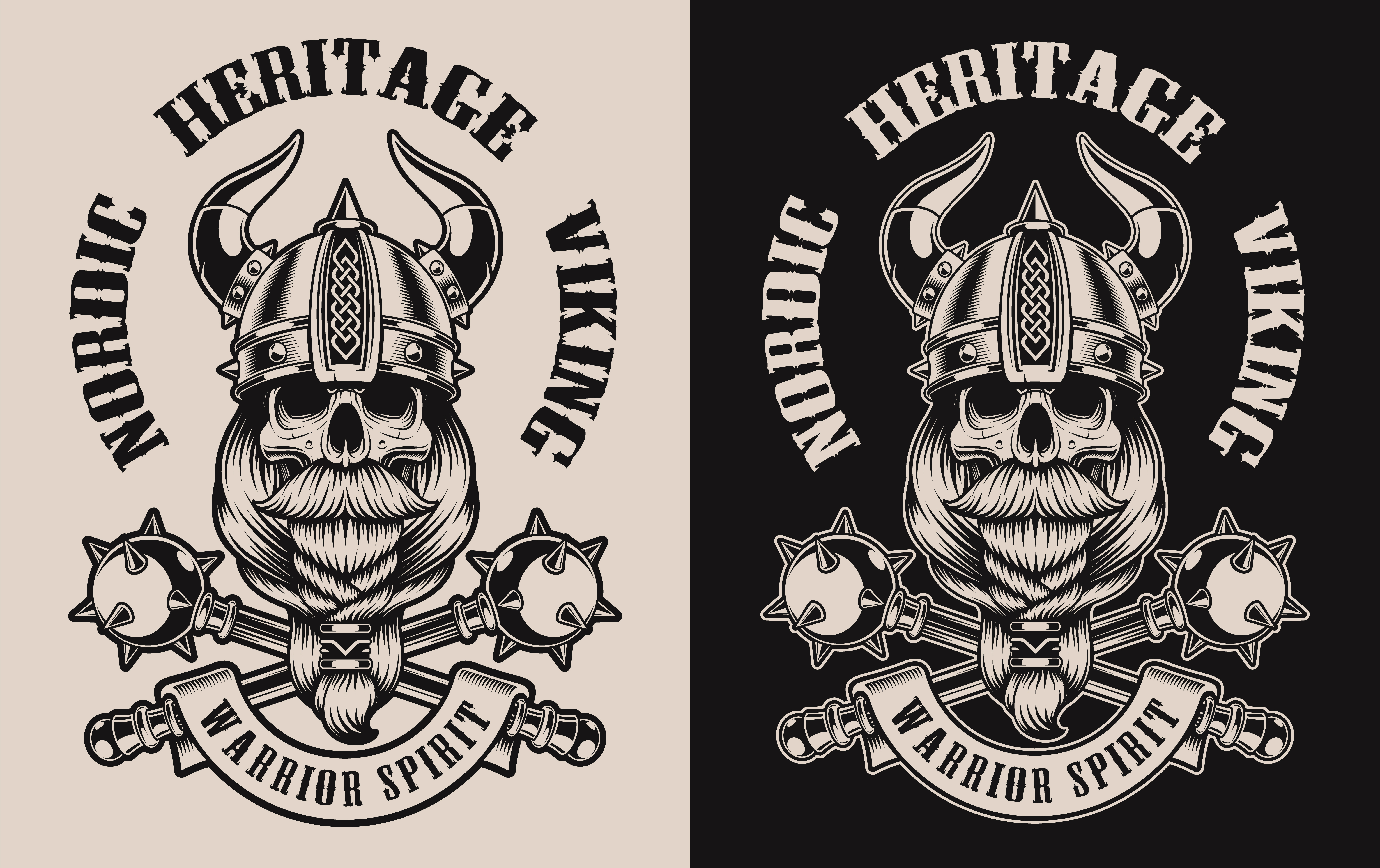 Set of illustrations with a viking skull in helmet with mace 691824