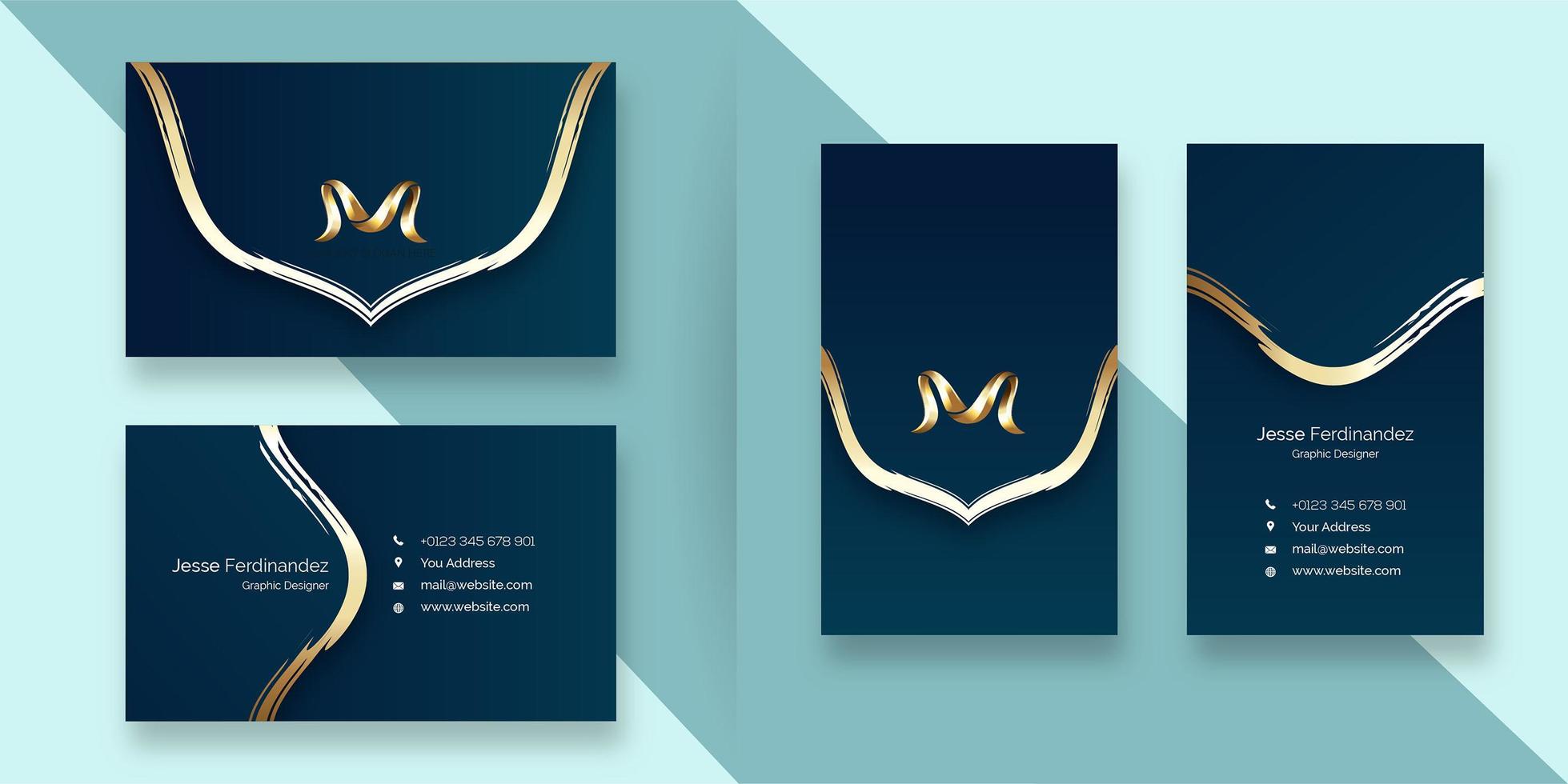 Elegant deep blue color curve line style business card template vector