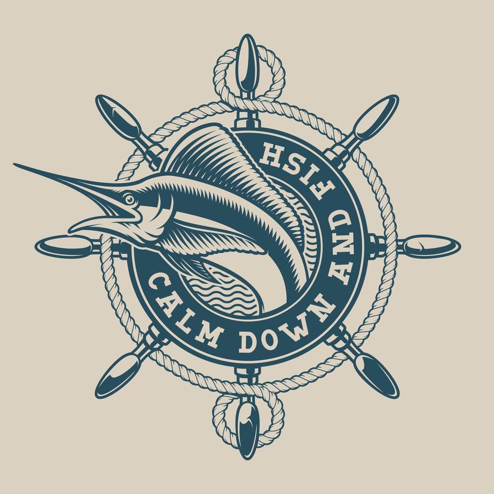 Vintage nautical emblem with a marlin and ship wheel vector