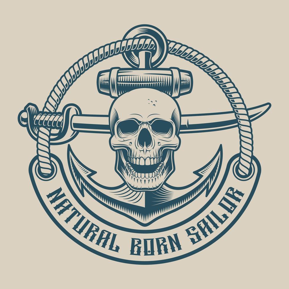 Diseño de camiseta con calavera, sable y ancla en estilo vintage. vector