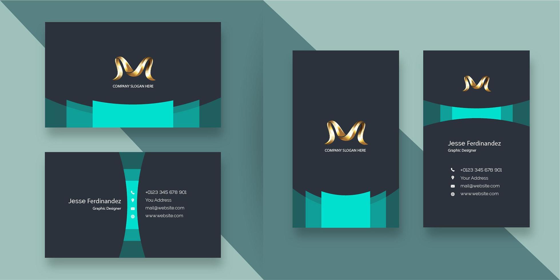 Modern corporate  deep grey and greenish blue business card template vector