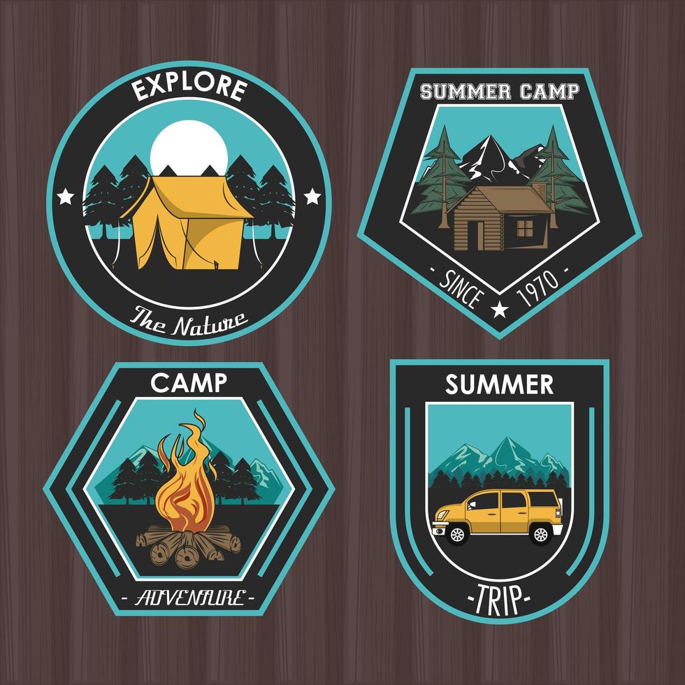 Conjunto de acampar explorar emblemas de parches de verano vector