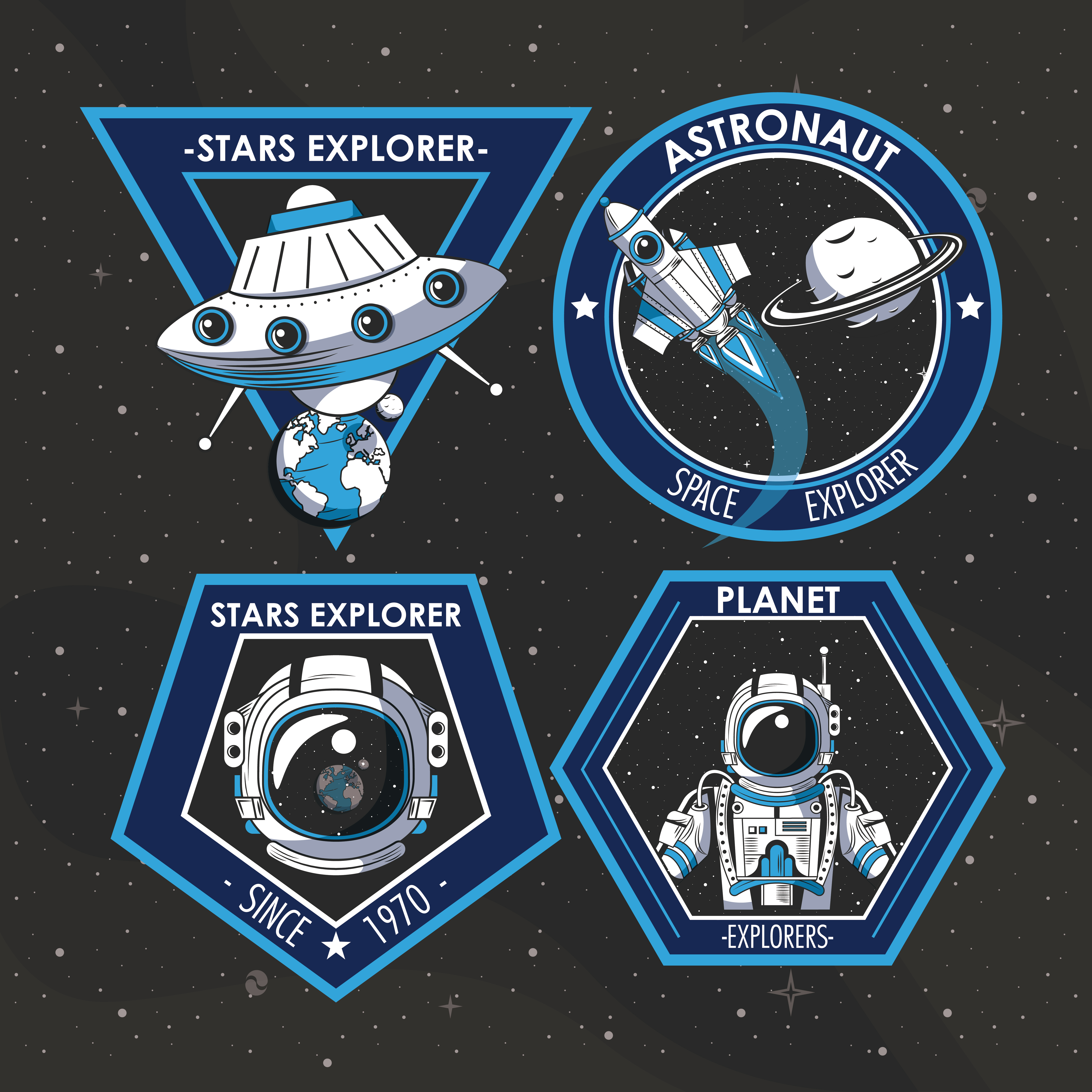 Conjunto de emblemas de parches de explorador espacial con astronautas y  naves espaciales 691885 Vector en Vecteezy