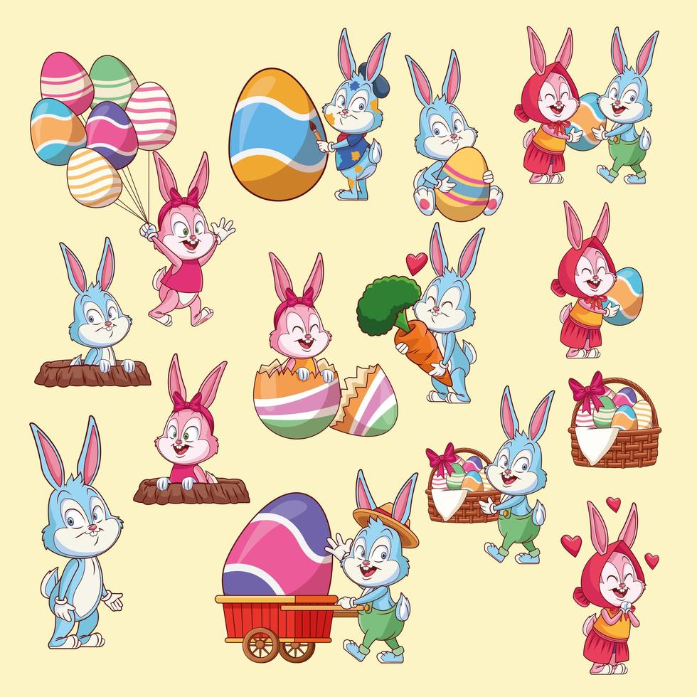 Easter rabbits and eggs cartoon set vector