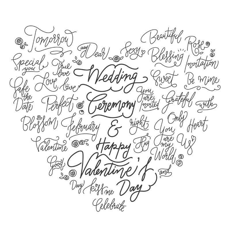 Wedding hand written words set in heart shape vector