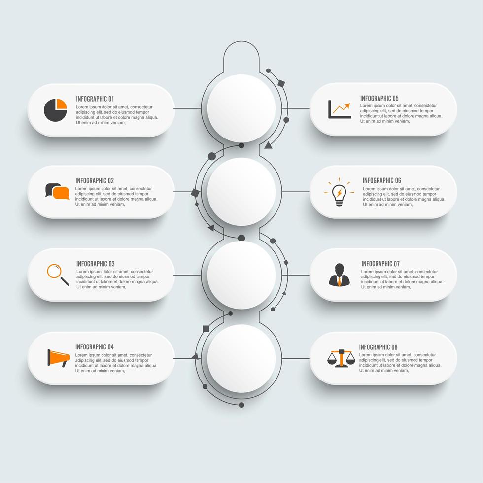 8 Option Infographic template with 3D paper label, integrated circles vector