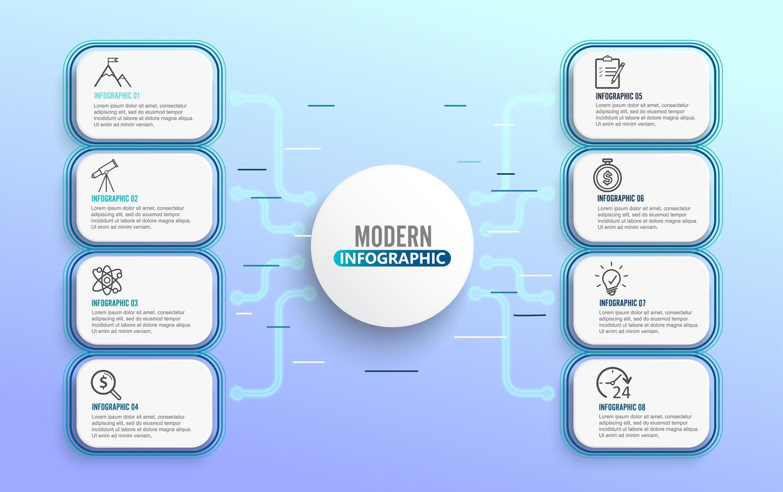 Neon Infographic template with 3D paper label circles and 8 Options vector