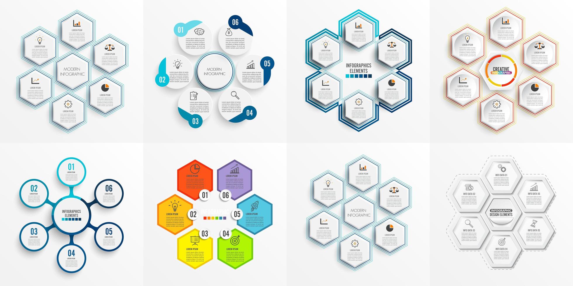 Establecer plantilla de infografía con etiqueta de papel 3D, círculos integrados y 6 opciones vector