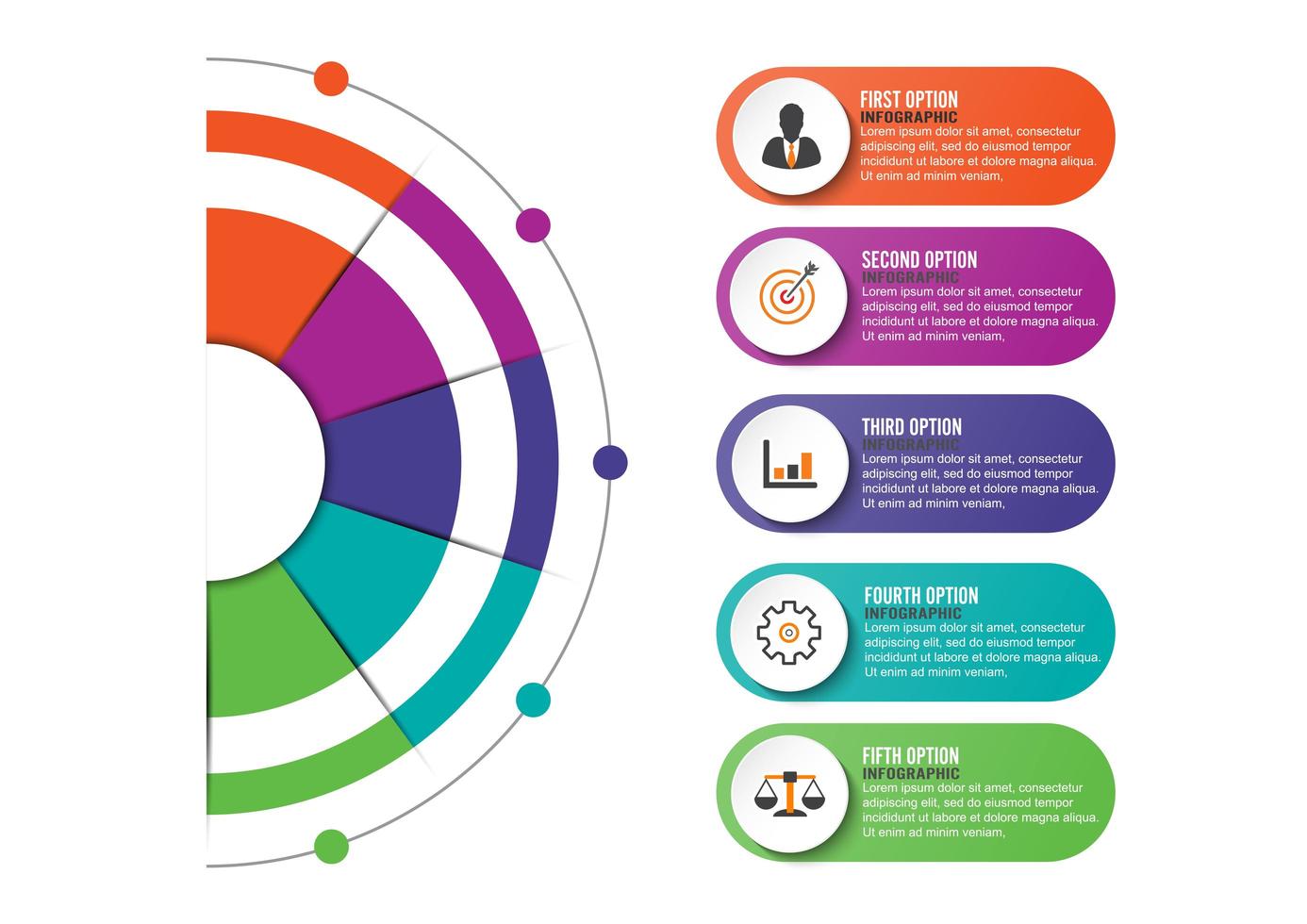 Infografía e iconos de marketing con 5 opciones, pasos o procesos. vector