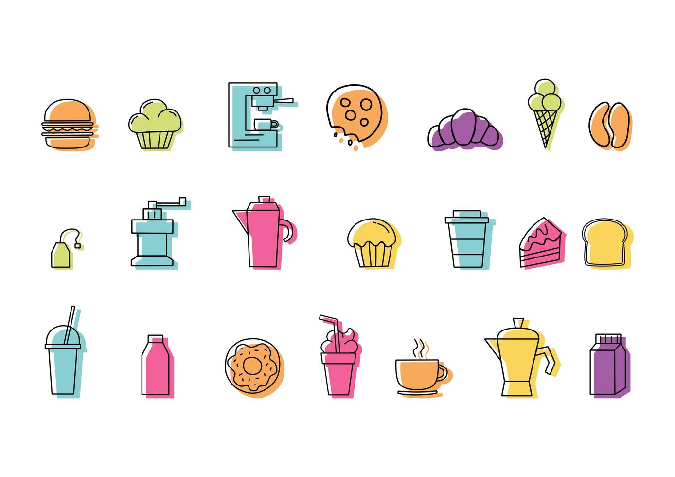 Set of linear colorful food and beverage icons for coffee shop vector