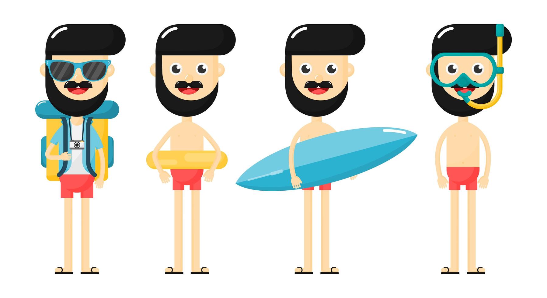 Conjunto de hombres de natación de dibujos animados con tabla de surf, mochila, snorkel y tubo vector