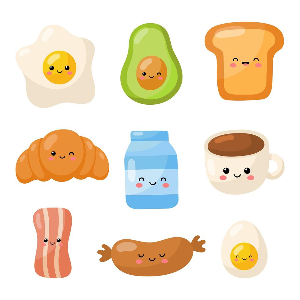 Conjunto de iconos de personajes de comida de desayuno vector