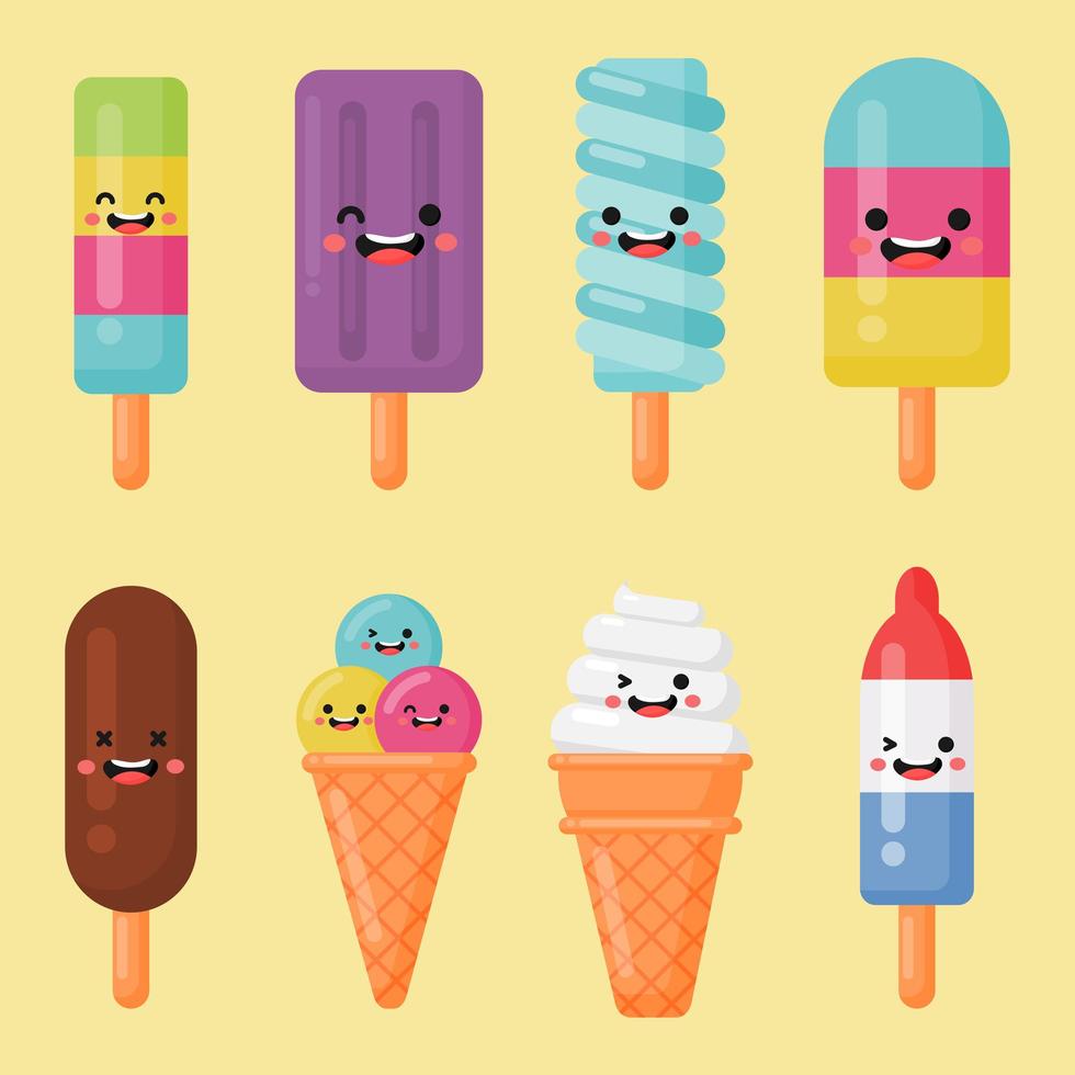 Collection of ice cream with faces.  vector