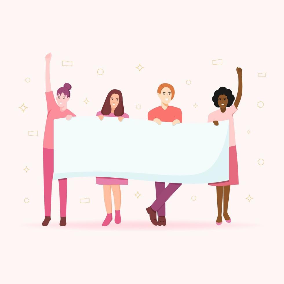 Girl's Power illustration with 4 women holding blank banner vector