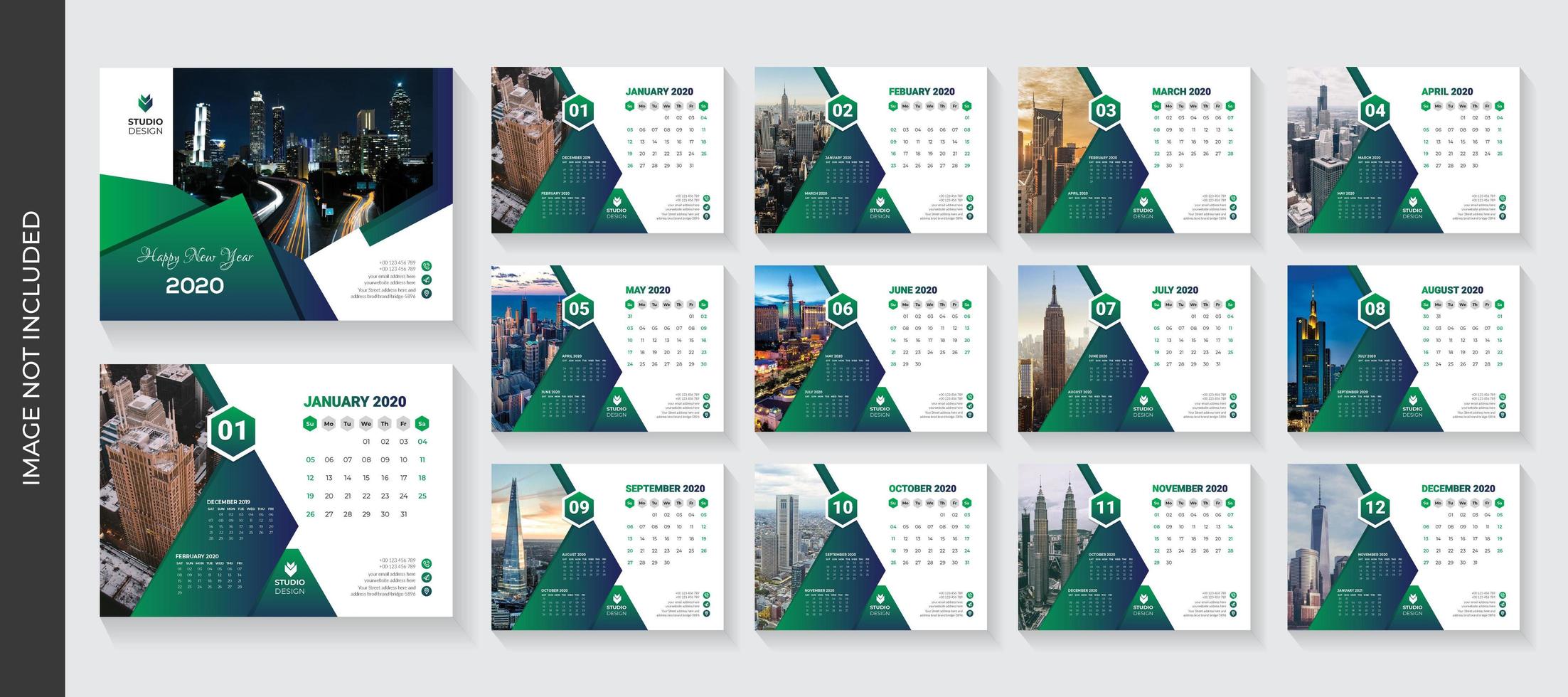 Diseño de triángulo verde degradado Plantilla de calendario de escritorio corporativo vector