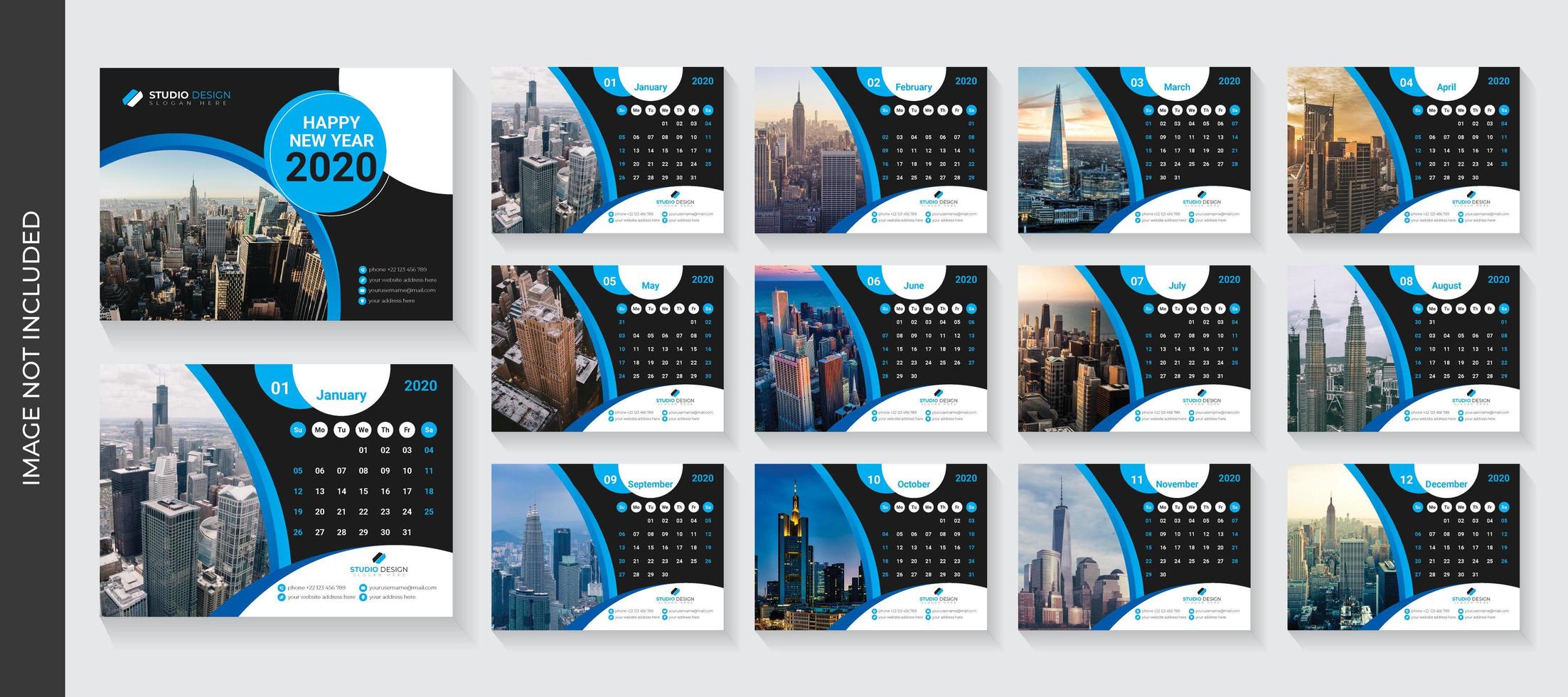 Plantilla de calendario de escritorio corporativo de diseño de curva azul y negra vector